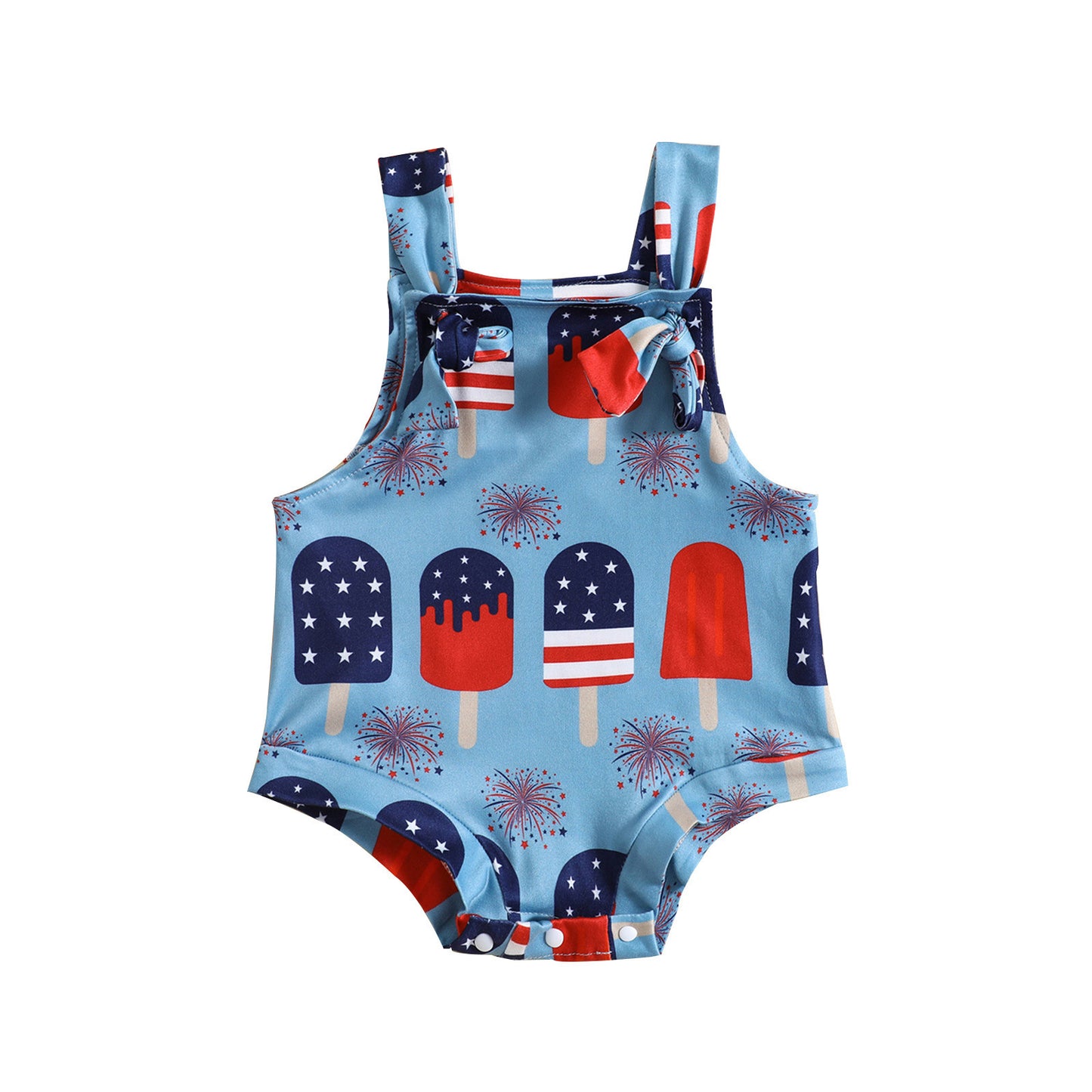 Playful Printed Suspender Baby Romper – Knot Front Detail