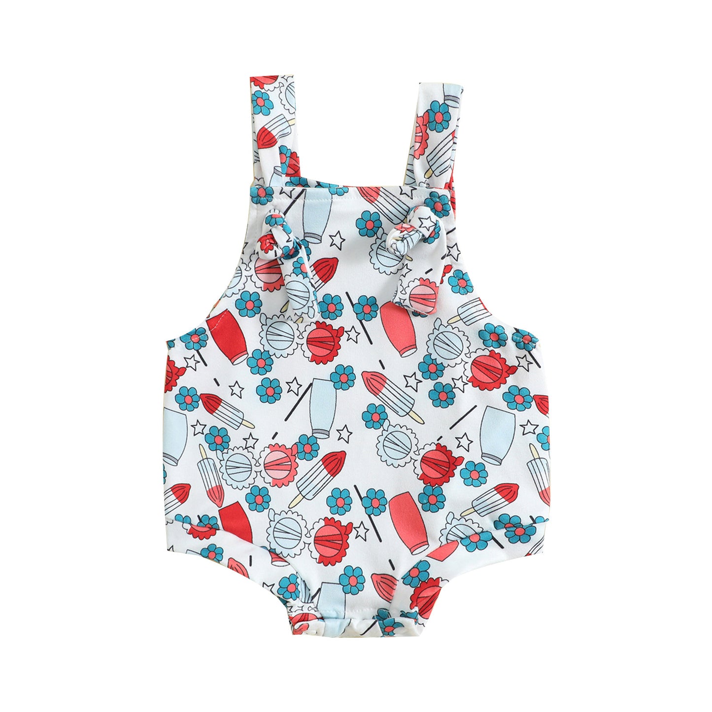 Playful Printed Suspender Baby Romper – Knot Front Detail