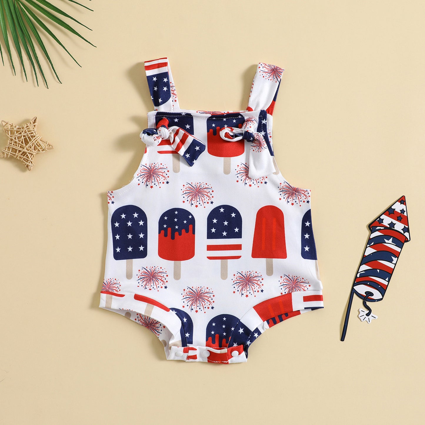 Playful Printed Suspender Baby Romper – Knot Front Detail