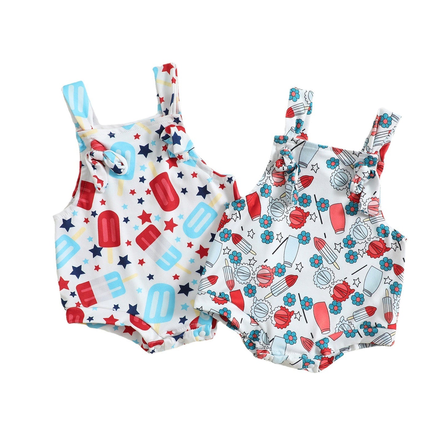 Playful Printed Suspender Baby Romper – Knot Front Detail