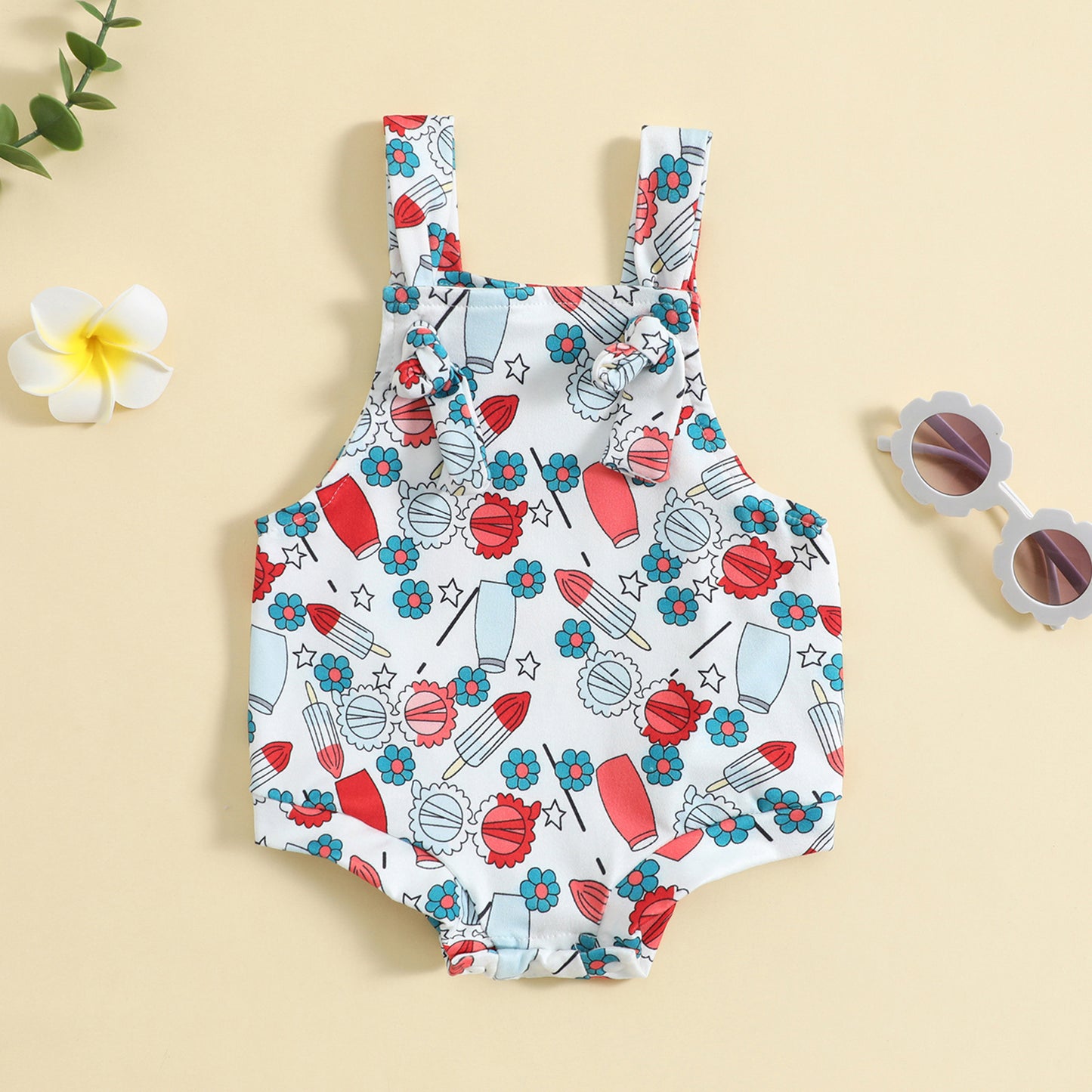 Playful Printed Suspender Baby Romper – Knot Front Detail